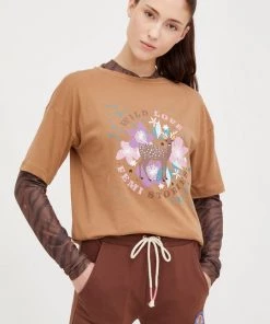 Γυναικεία Κοντομάνικο Βαμβακερό μπλουζάκι Femi Stories Loose καφέ